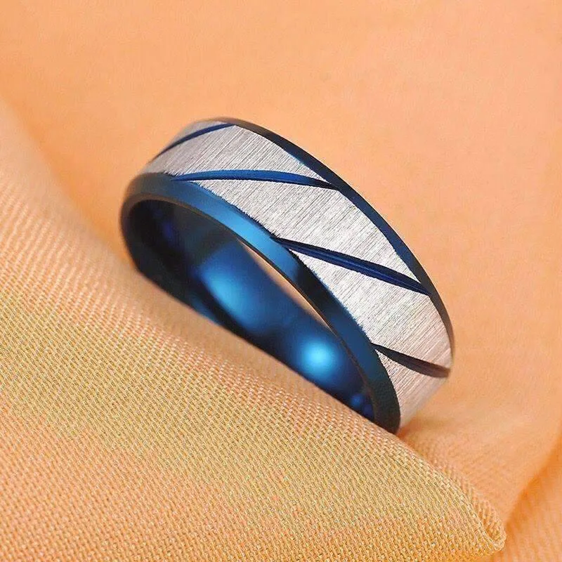 Blue Titanium Etched Men's Wedding Band Ring