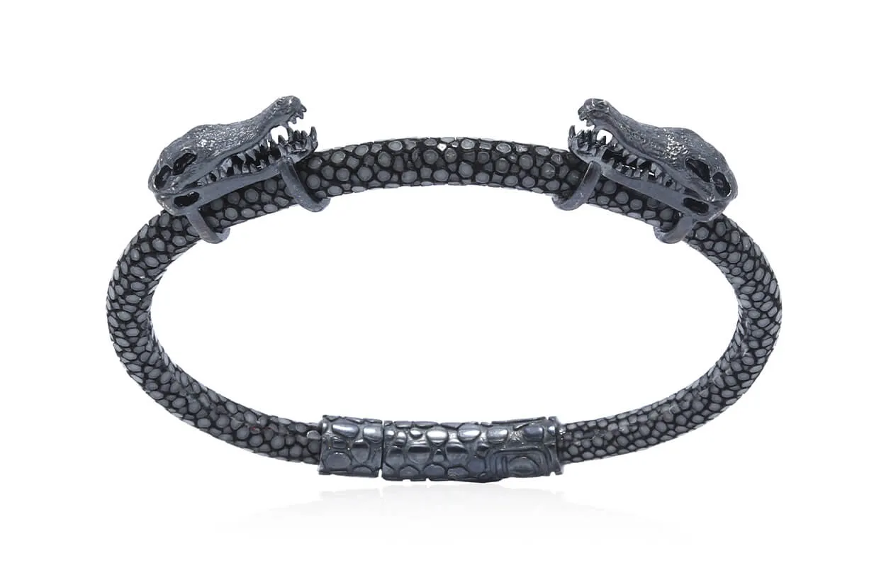 Bracelet LivingSkull Men Stingray Leather & Two Cocodrile Skulls