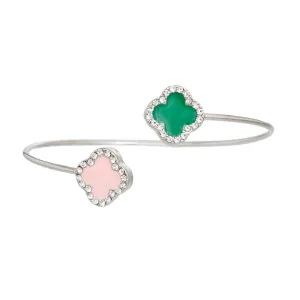 Bypass Dual Clover Bangle: Green and Pink Open Cuff Bracelet with Rhinestone Accents for Women