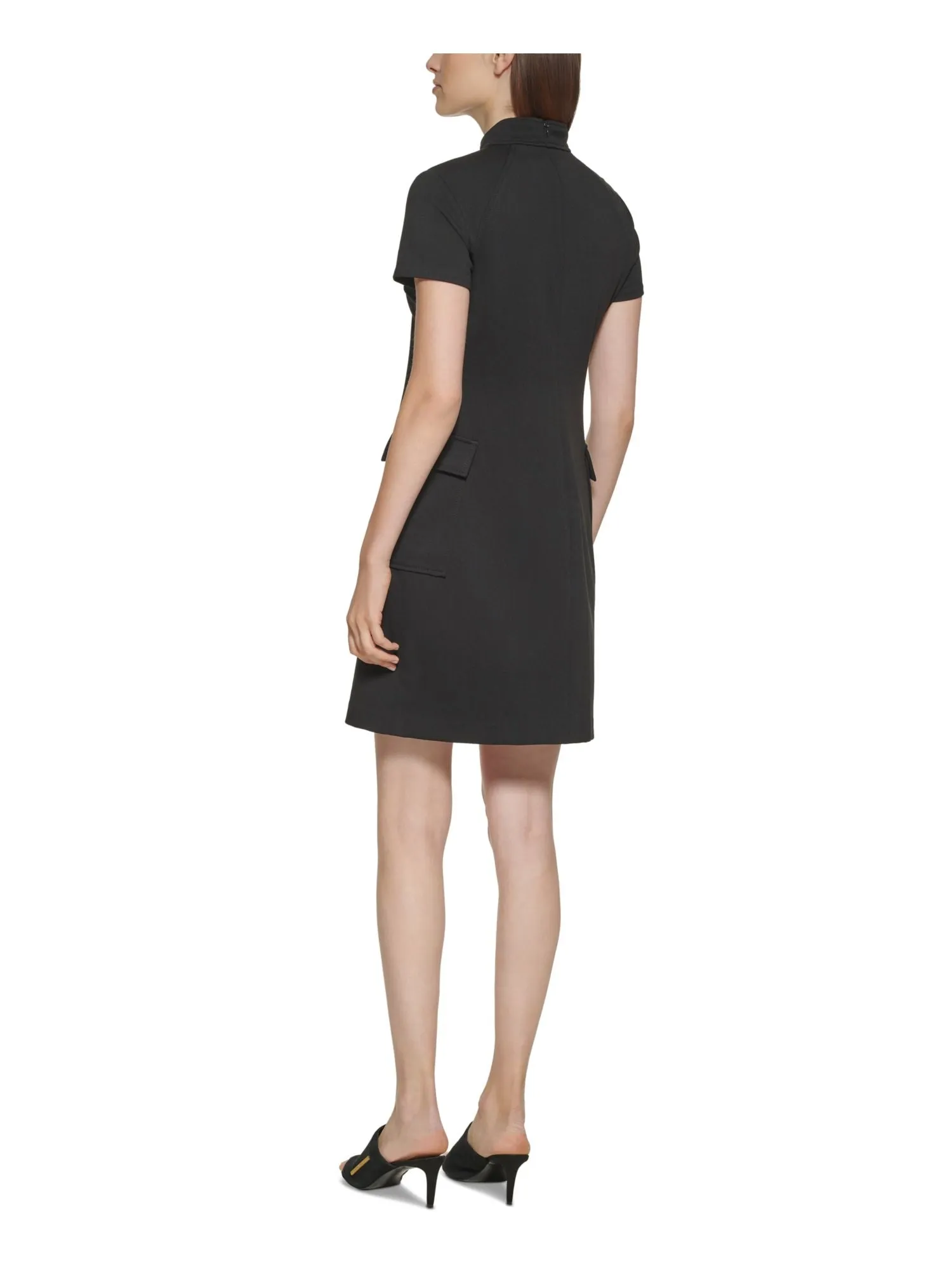 CALVIN KLEIN Womens Black Pocketed Zippered Keyhole Front Darted Unlined Short Sleeve Mock Neck Above The Knee Evening Sheath Dress