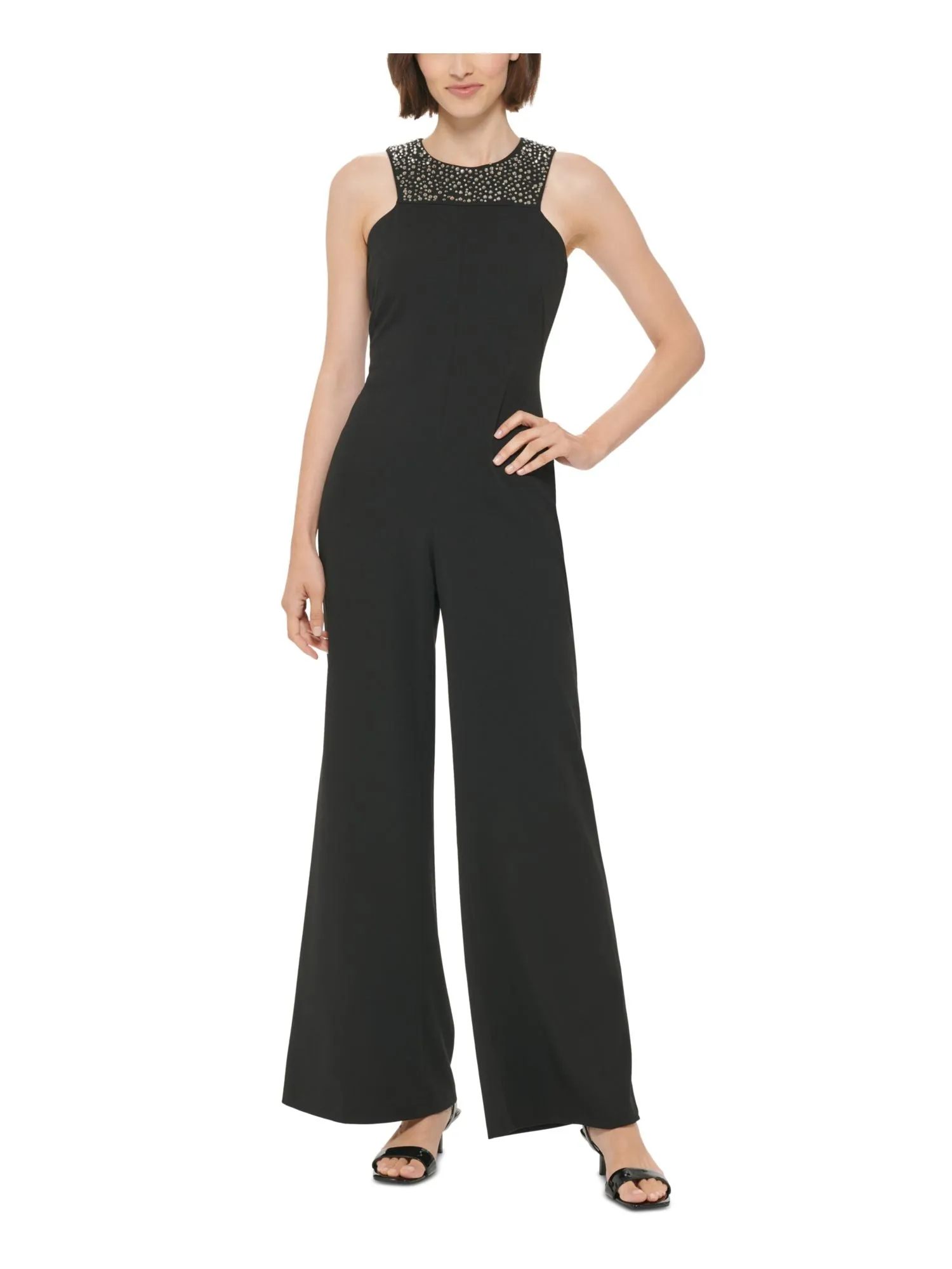 CALVIN KLEIN Womens Black Rhinestone Zippered Lined Bodice Darted Waistless Sleeveless Round Neck Evening Wide Leg Jumpsuit