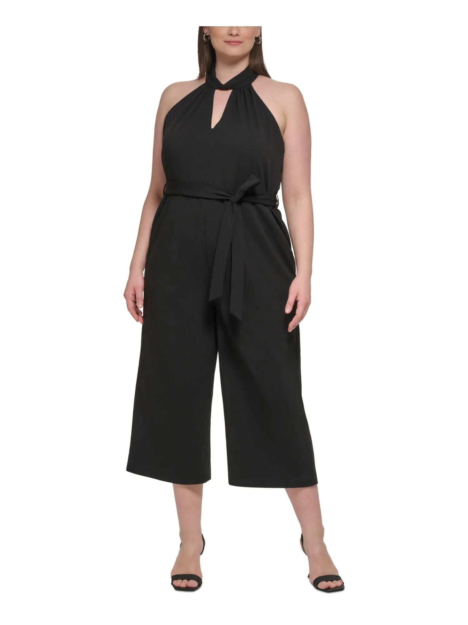 CALVIN KLEIN Womens Black Zippered Pocketed Keyhole Tie-belt Lined Cropped Sleeveless Halter Straight leg Jumpsuit