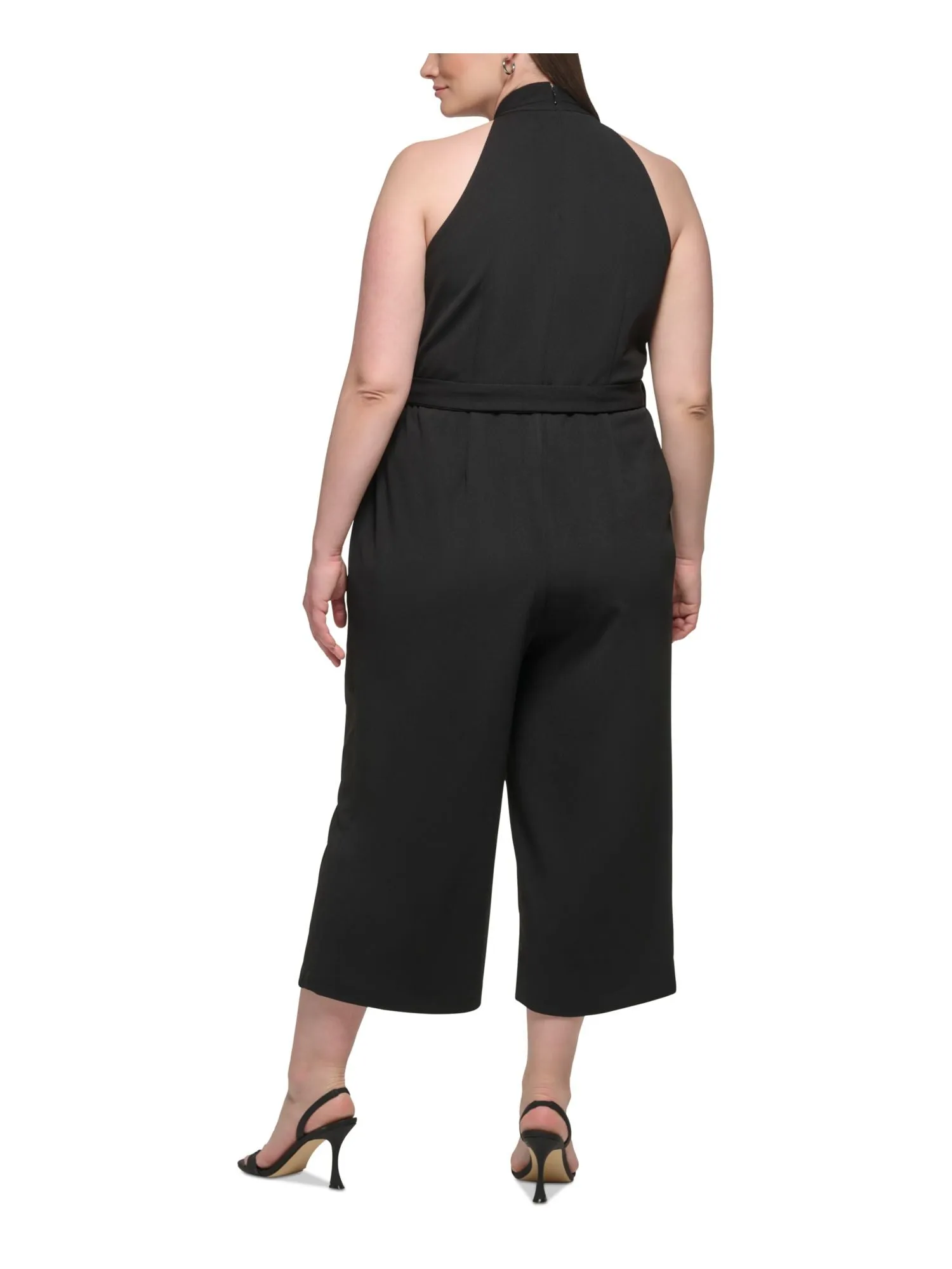 CALVIN KLEIN Womens Black Zippered Pocketed Keyhole Tie-belt Lined Cropped Sleeveless Halter Straight leg Jumpsuit