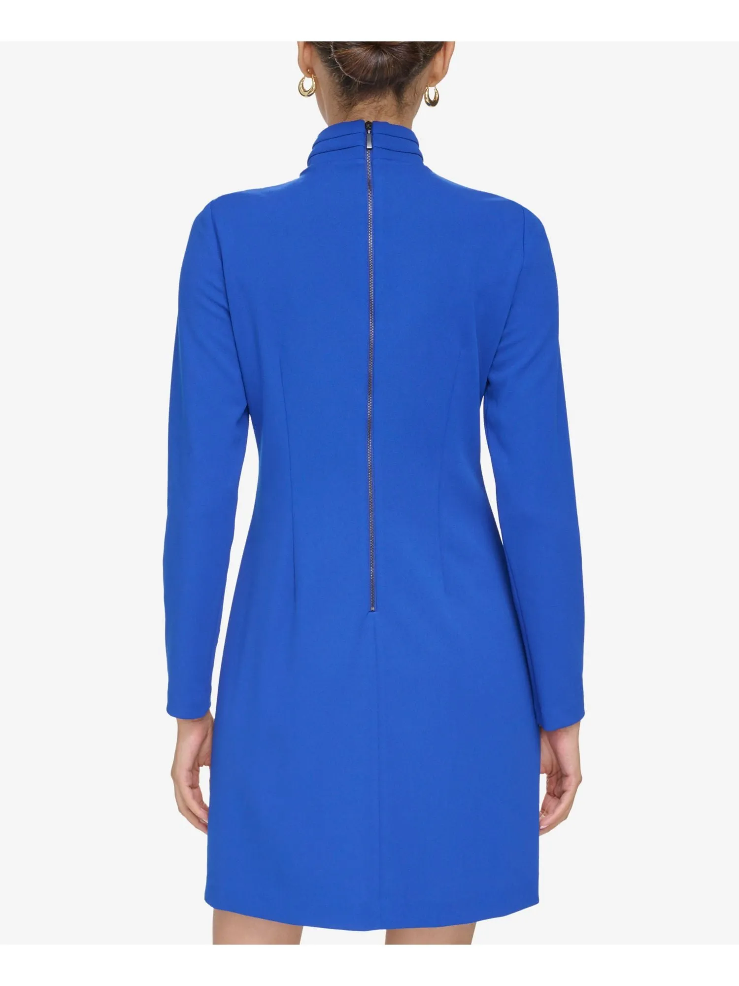 CALVIN KLEIN Womens Blue Pleated Lined Faux-tie Neck Long Sleeve Keyhole Above The Knee Party Shift Dress