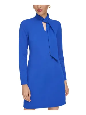 CALVIN KLEIN Womens Blue Pleated Lined Faux-tie Neck Long Sleeve Keyhole Above The Knee Party Shift Dress