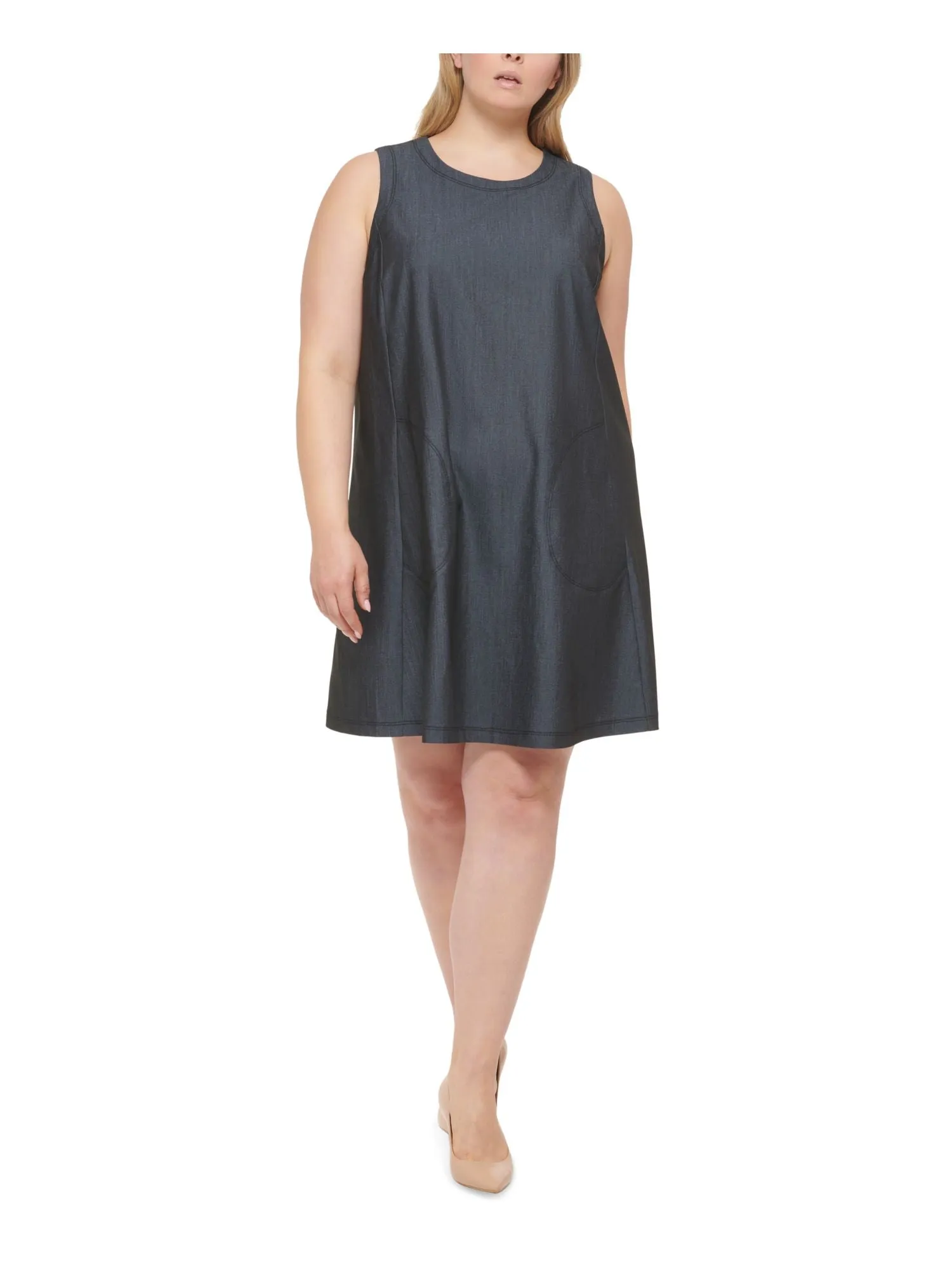 CALVIN KLEIN Womens Gray Zippered Unlined Pocketed Heather Sleeveless Round Neck Above The Knee Wear To Work Shift Dress