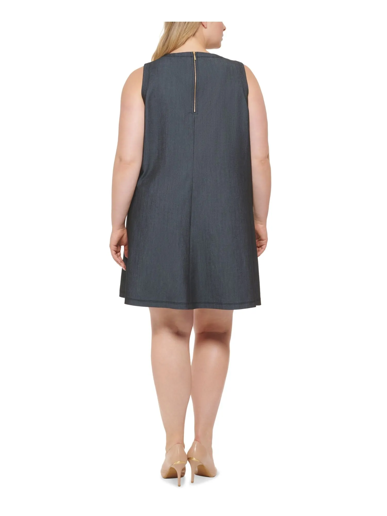 CALVIN KLEIN Womens Gray Zippered Unlined Pocketed Heather Sleeveless Round Neck Above The Knee Wear To Work Shift Dress