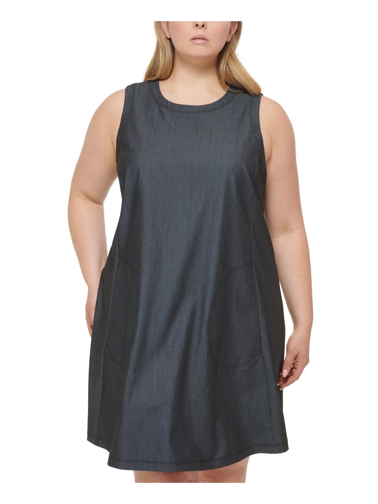 CALVIN KLEIN Womens Gray Zippered Unlined Pocketed Heather Sleeveless Round Neck Above The Knee Wear To Work Shift Dress