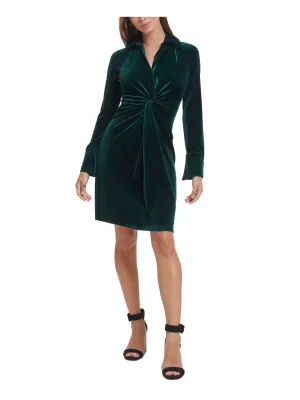 CALVIN KLEIN Womens Green Cuffed Sleeve V Neck Above The Knee Party Sheath Dress