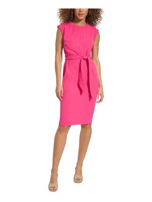 CALVIN KLEIN Womens Pink Pleated Zippered Self-tie Belt Cap Sleeve Jewel Neck Knee Length Wear To Work Sheath Dress