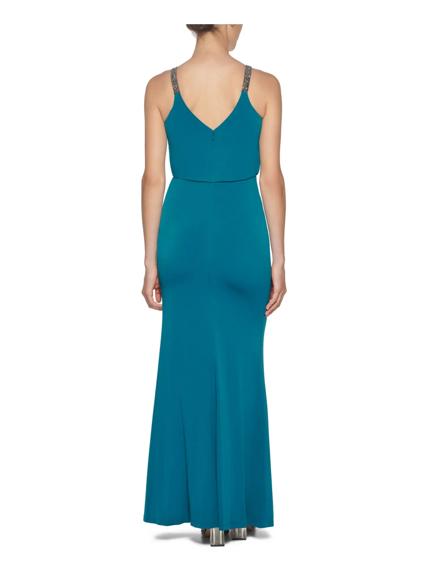 CALVIN KLEIN Womens Stretch Ruched Spaghetti Strap Surplice Neckline Full-Length Cocktail Gown Dress