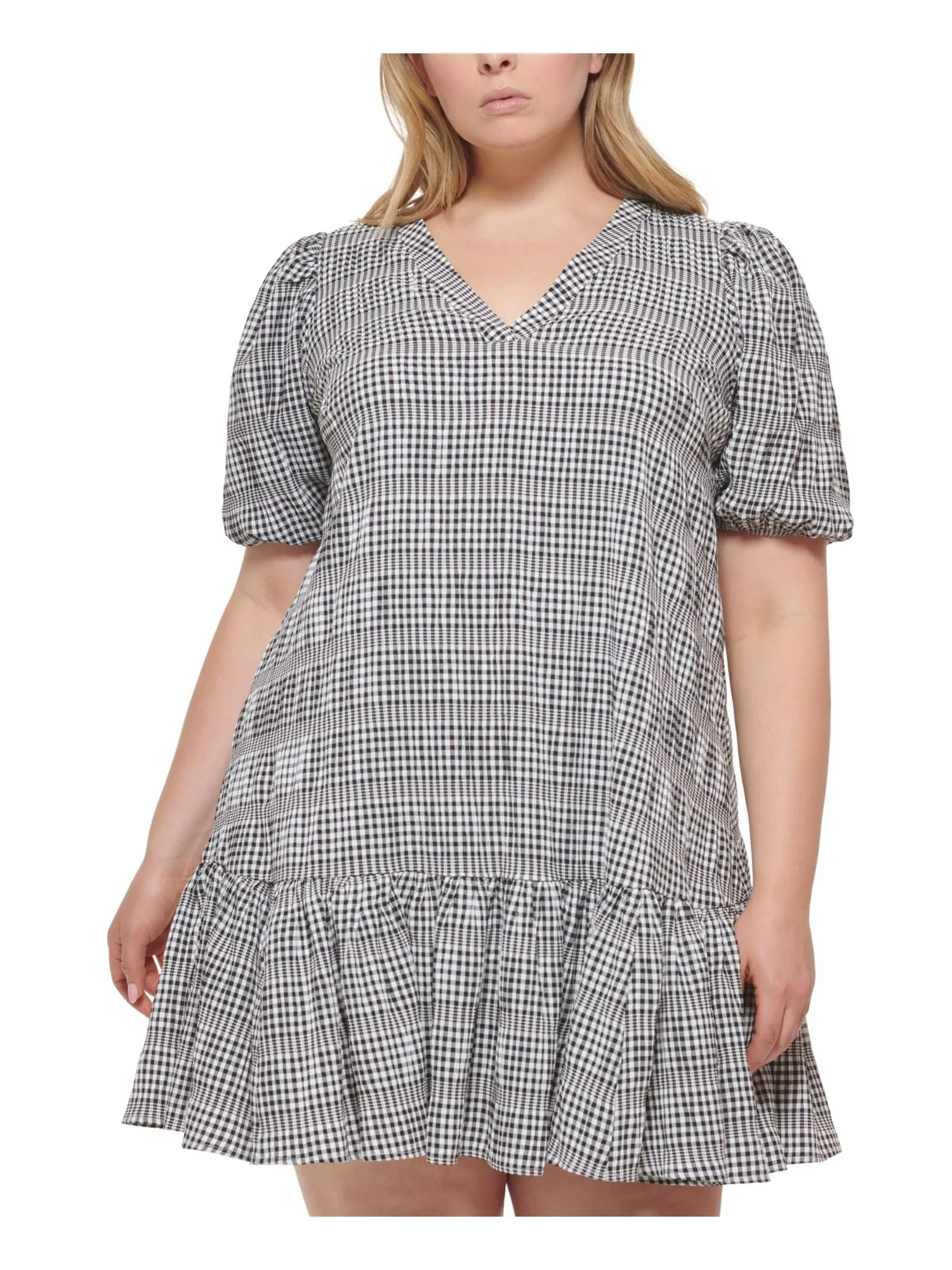 CALVIN KLEIN Womens White Unlined Ruffled Pullover Darted Check Pouf Sleeve V Neck Above The Knee Fit   Flare Dress