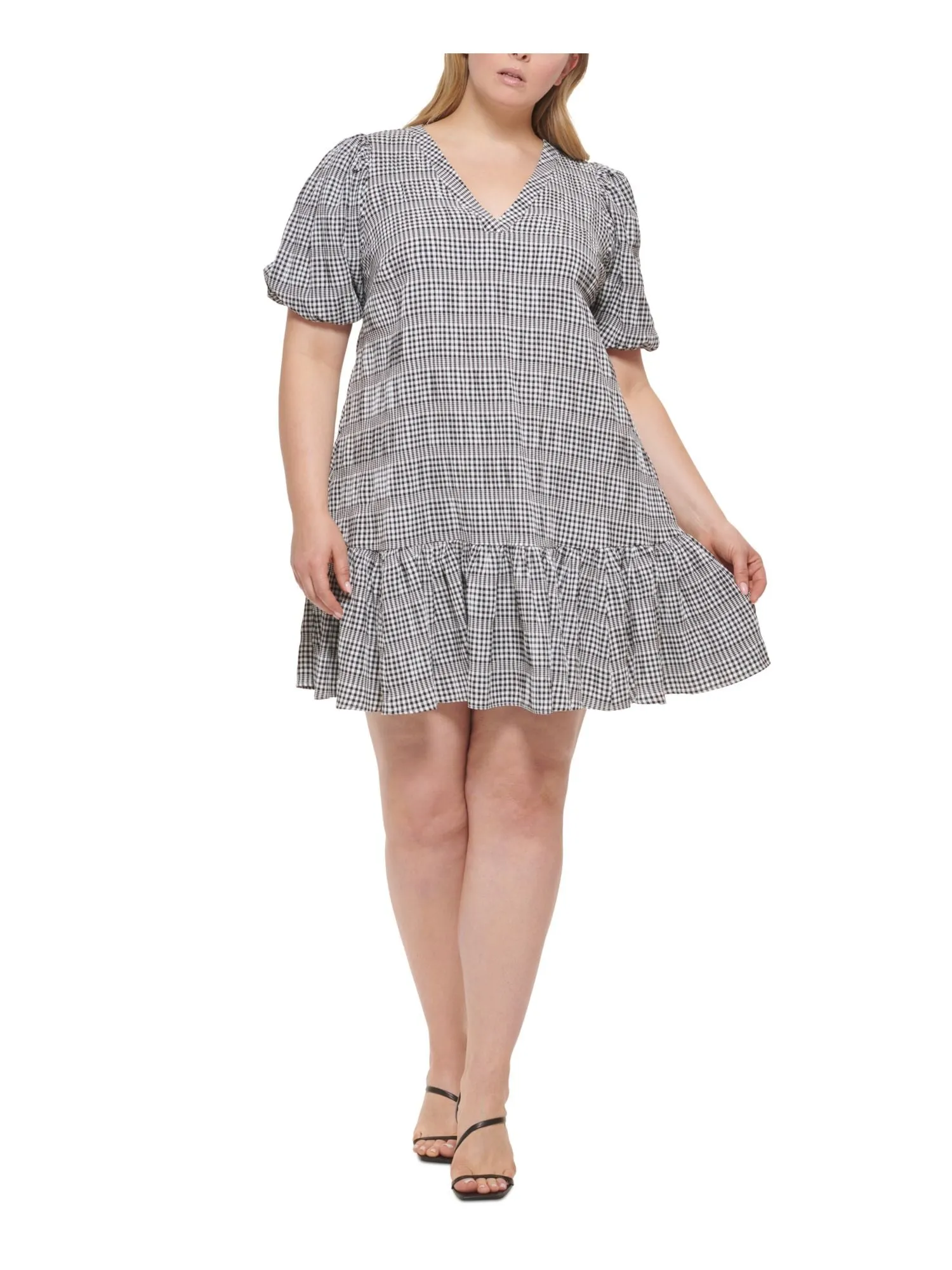 CALVIN KLEIN Womens White Unlined Ruffled Pullover Darted Check Pouf Sleeve V Neck Above The Knee Fit   Flare Dress