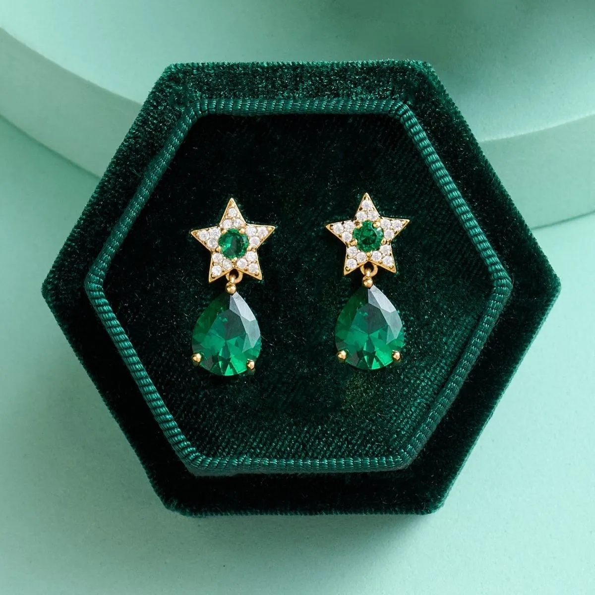 Celeste Teardrop Stud Earrings Emerald Green, Clear CZ and Gold