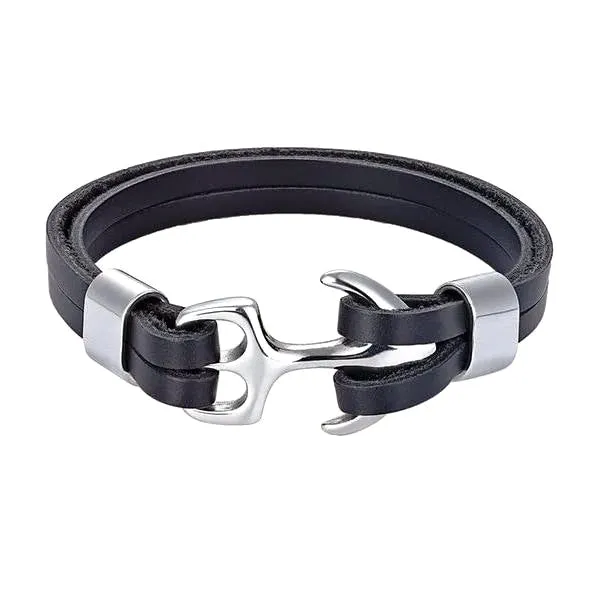 Classy Men Black & Silver Leather Anchor Bracelet