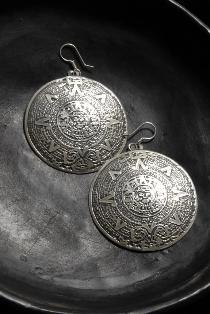 Collection Zeferina, Aztec Calendar Earrings, Mexican Silver .950