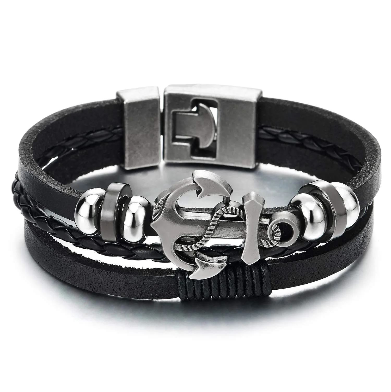 COOLSTEELANDBEYOND Mens Women Anchor Braided Leather Bracelet Multi-Strand Wristband Wrap Bracelet