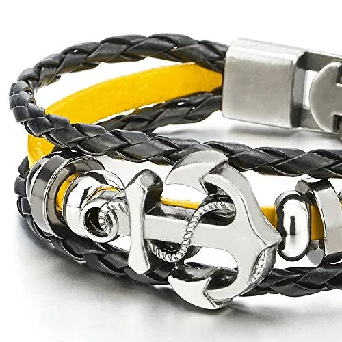 COOLSTEELANDBEYOND Mens Women Anchor Braided Leather Bracelet Multi-Strand Wristband Wrap Bracelet