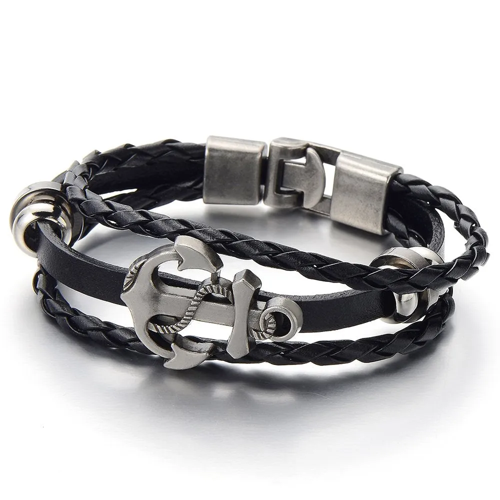 COOLSTEELANDBEYOND Mens Women Anchor Braided Leather Bracelet Multi-Strand Wristband Wrap Bracelet