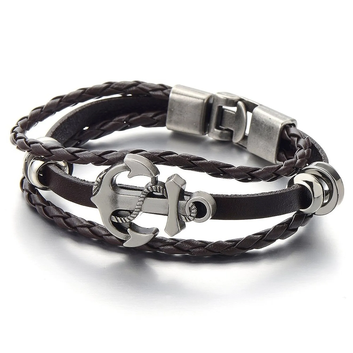 COOLSTEELANDBEYOND Mens Women Anchor Braided Leather Bracelet Multi-Strand Wristband Wrap Bracelet