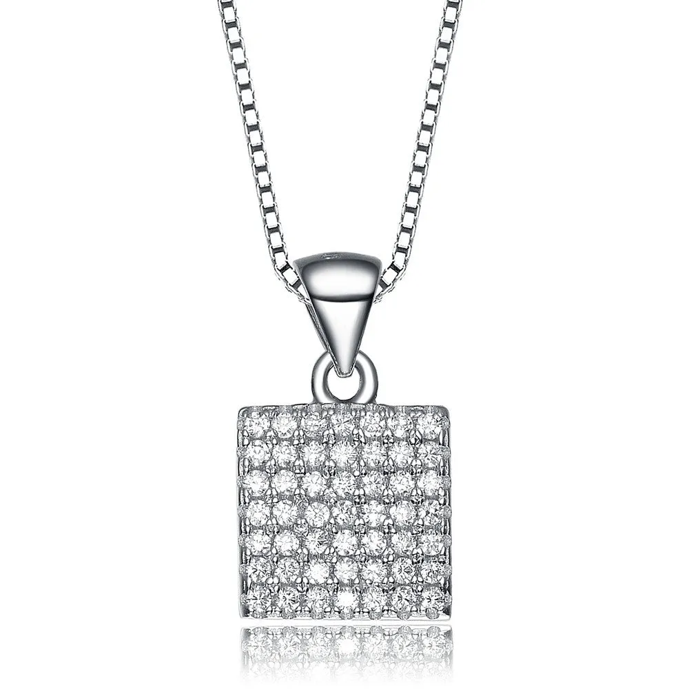 Cz .925 Sterling Silver Rhodium Plated Square Shape Pendant