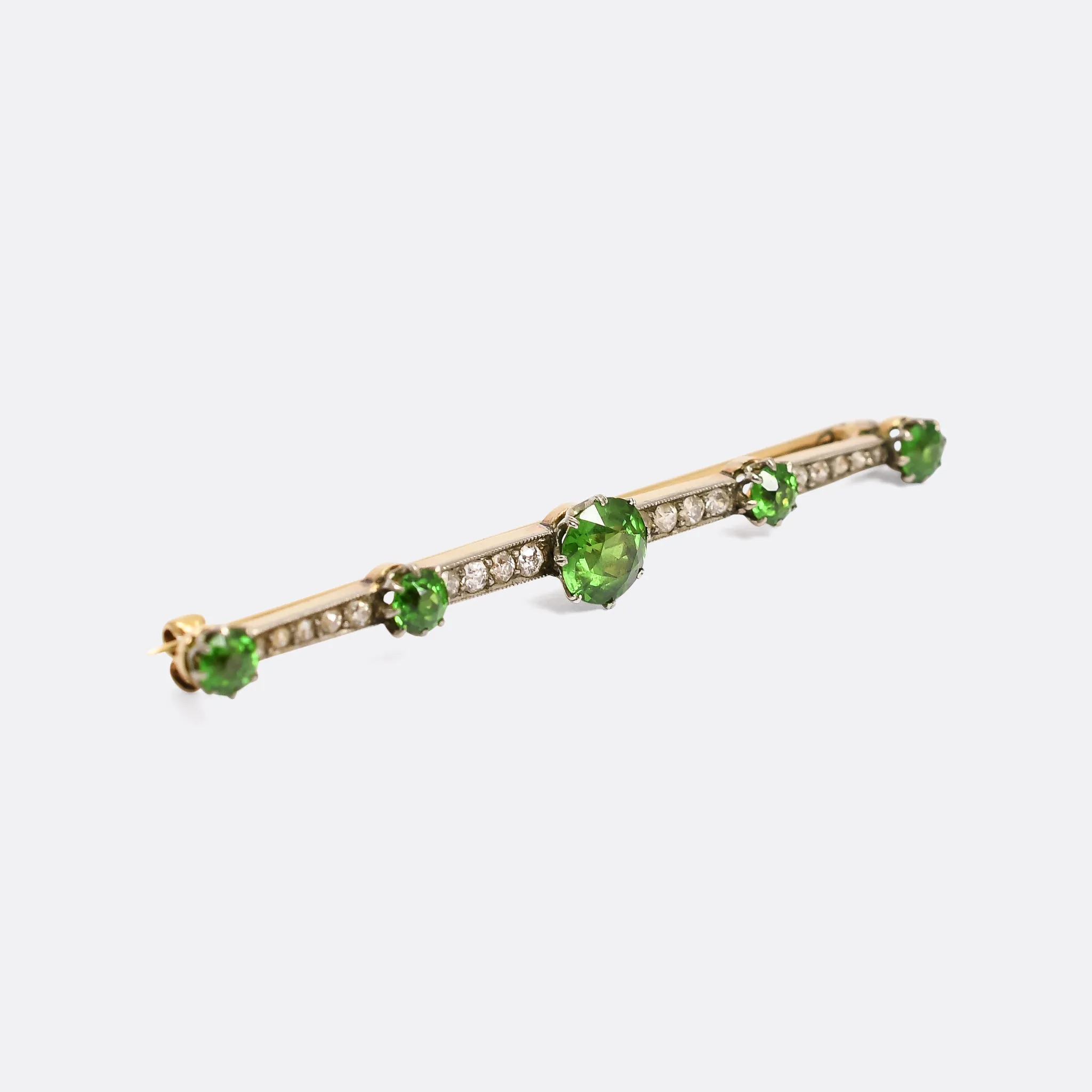 Edwardian Demantoid Garnet & Diamond Bar Brooch