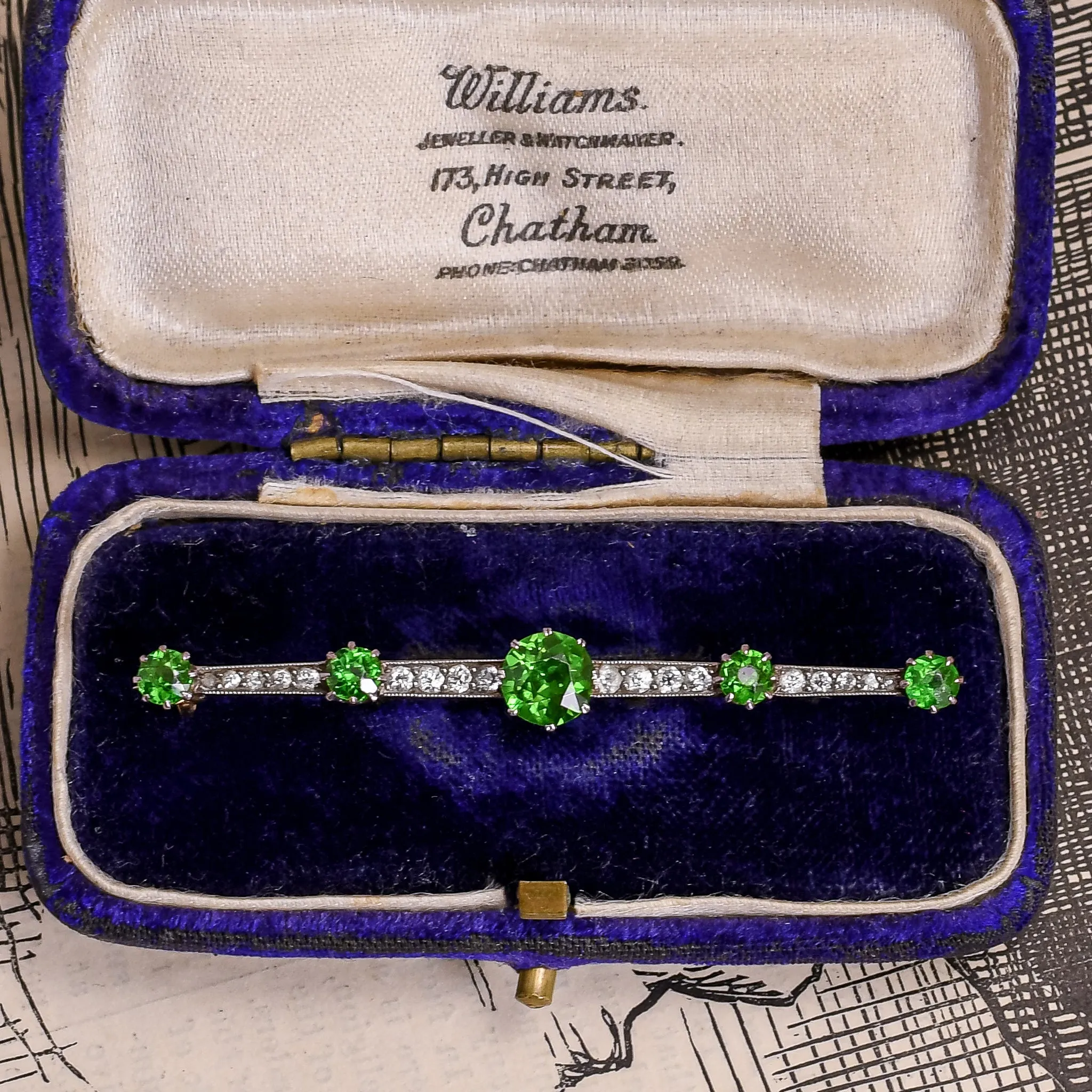 Edwardian Demantoid Garnet & Diamond Bar Brooch