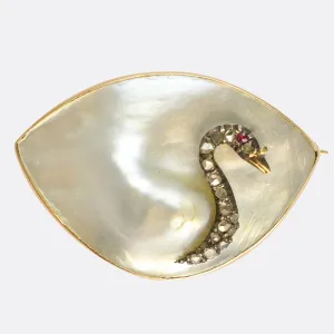 Edwardian Pearl, Diamond & Ruby Swan Brooch