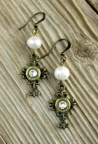 Elegant Cross Pearl Dangle Earrings