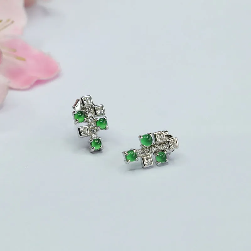 Elegant Ice Emperor Green Jade Sterling Silver Stud Earrings