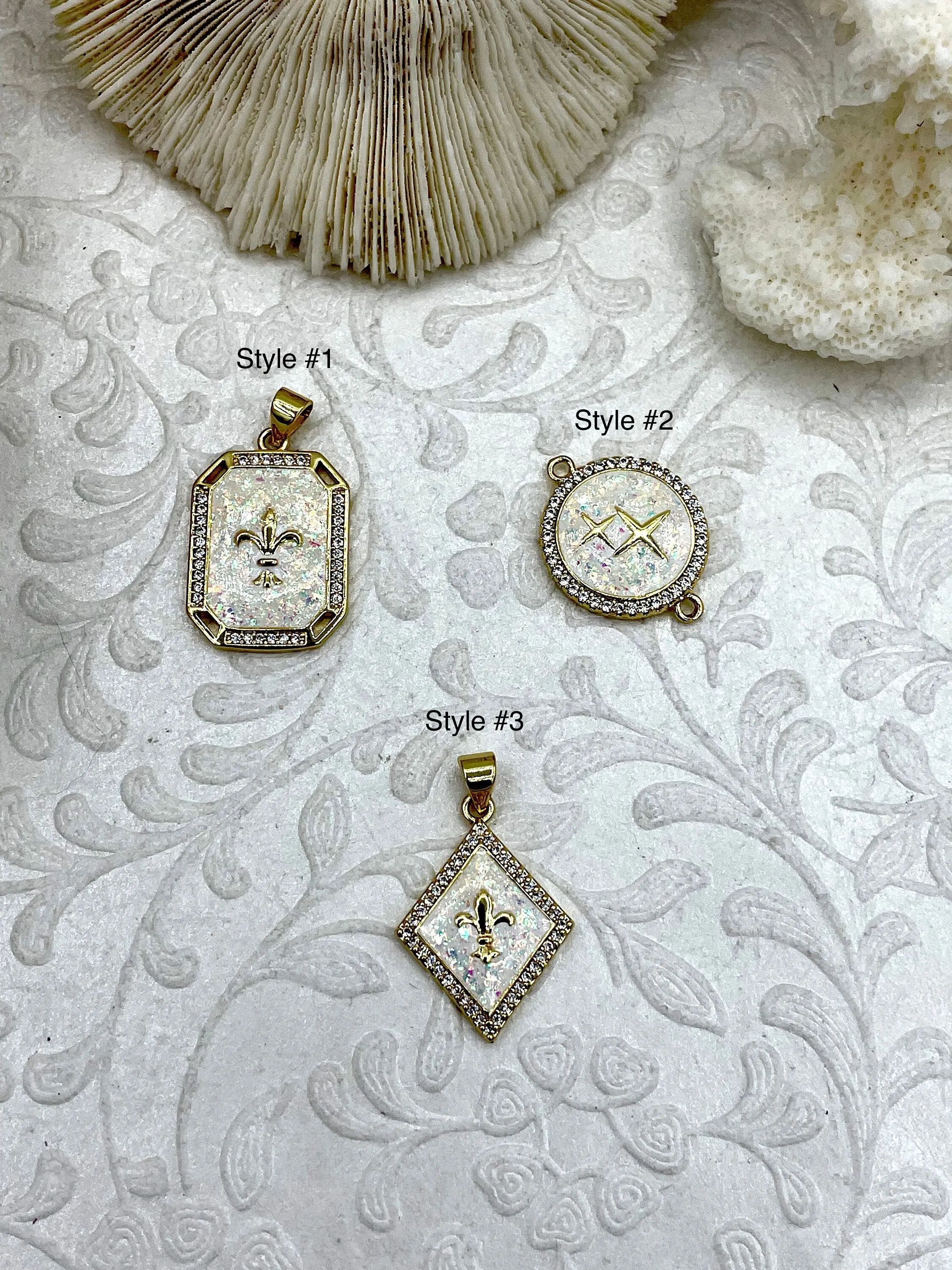 Enamel and Gold Pendants and Connectors with CZ, Enamel and Gold Plated Brass, 3 Styles, Sparkly White Enamel Charms. Fast Ship.