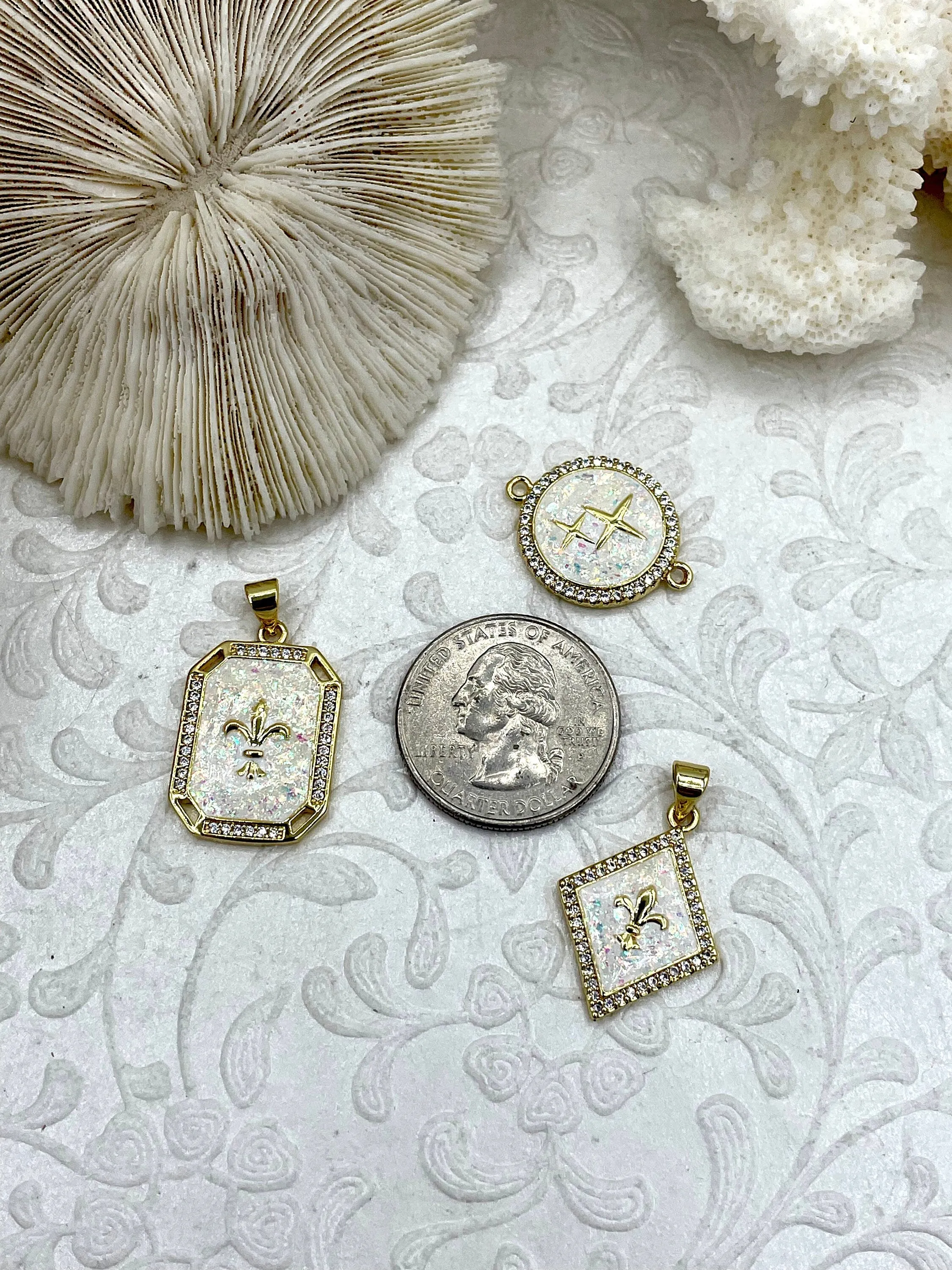 Enamel and Gold Pendants and Connectors with CZ, Enamel and Gold Plated Brass, 3 Styles, Sparkly White Enamel Charms. Fast Ship.