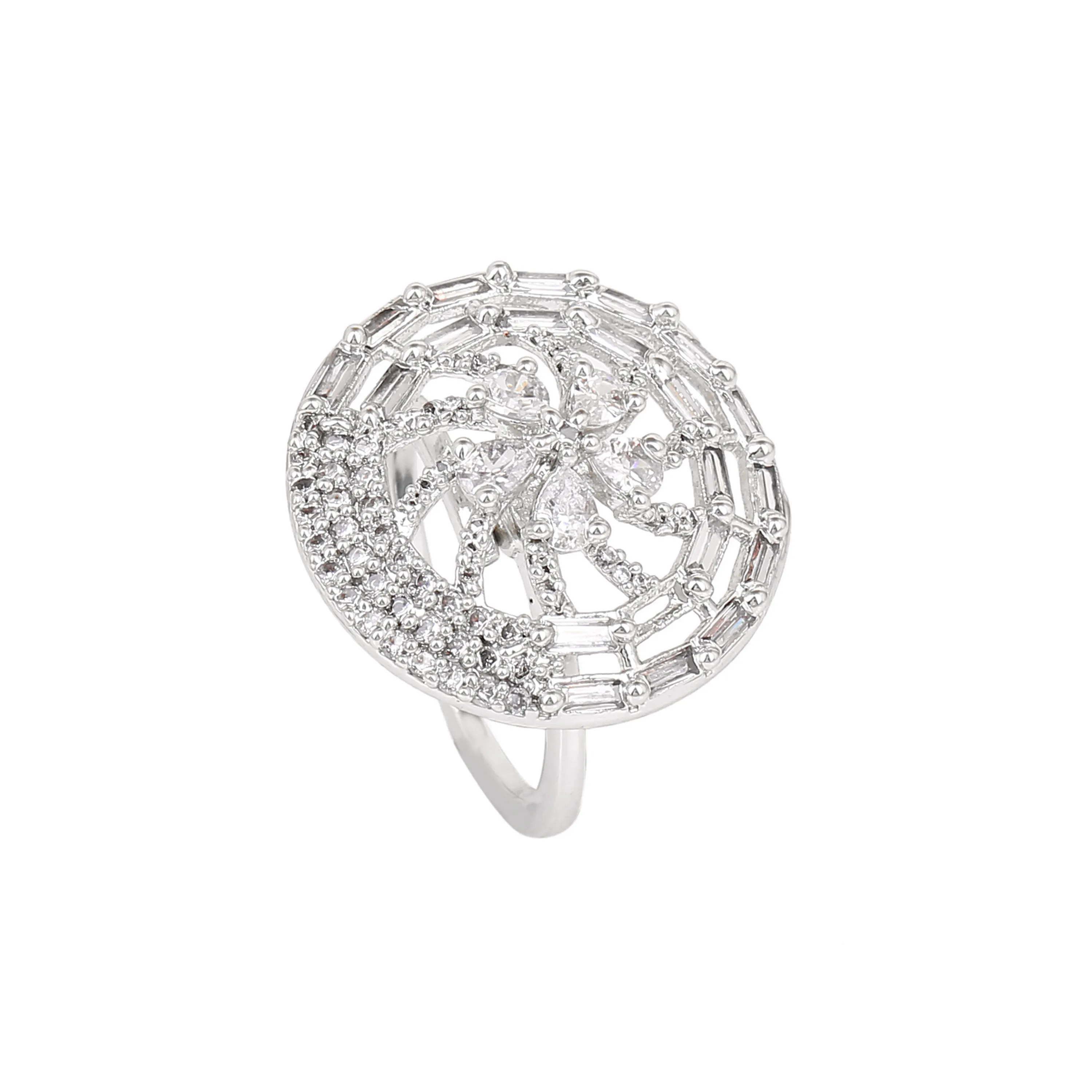 Estele Rhodium Plated CZ Flower Designer Finger Ring for Women (Adjustable)