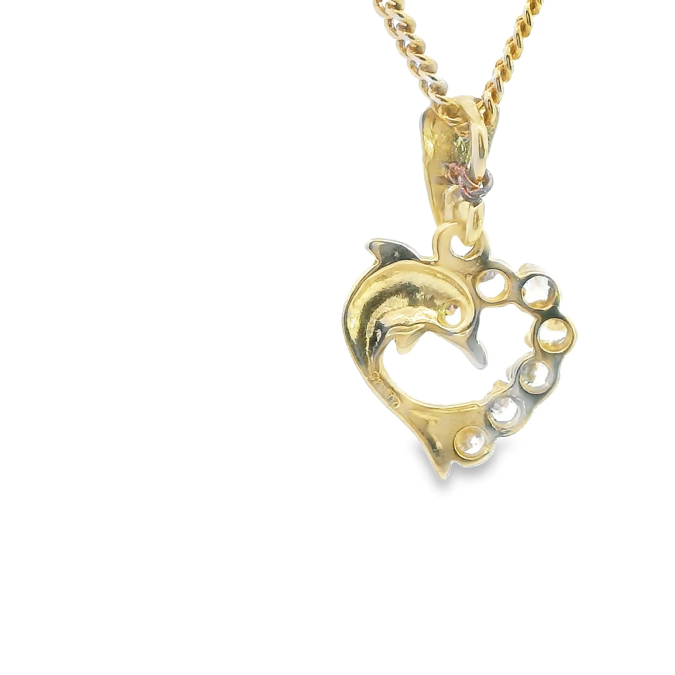 Exquisite 9ct Yellow Gold Heart & Dolphin Pendant with CZ's - Valentine's Day