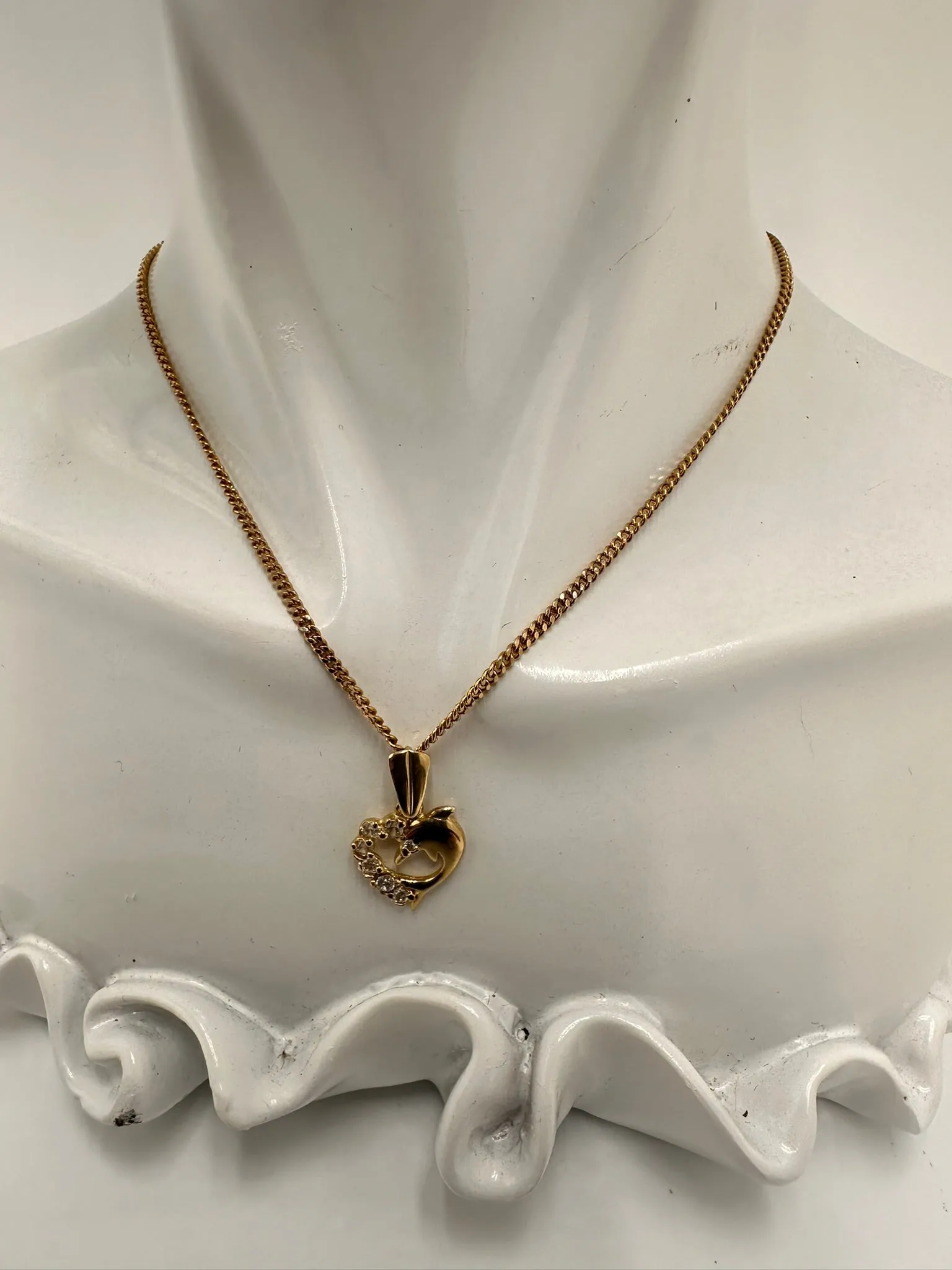 Exquisite 9ct Yellow Gold Heart & Dolphin Pendant with CZ's - Valentine's Day