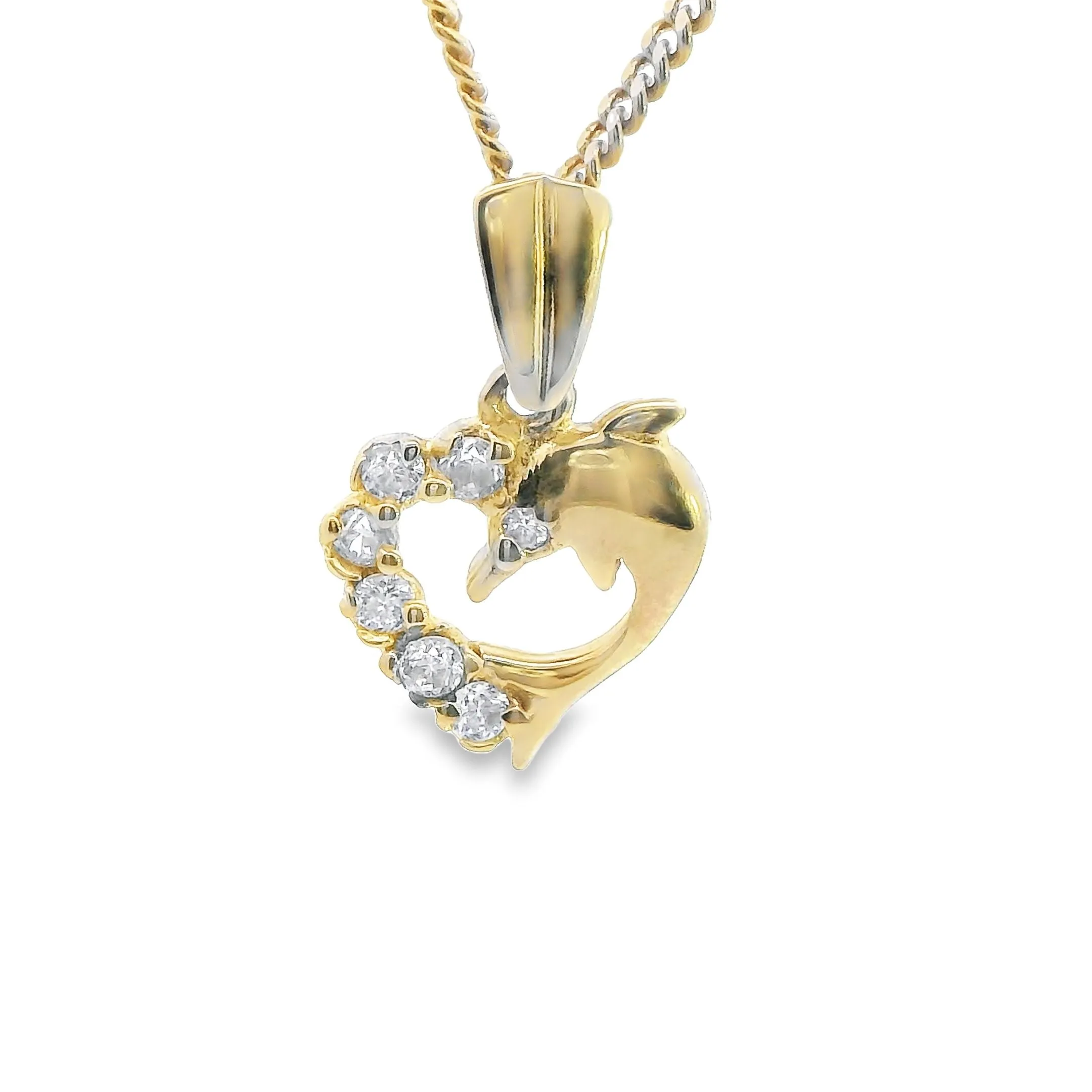 Exquisite 9ct Yellow Gold Heart & Dolphin Pendant with CZ's - Valentine's Day