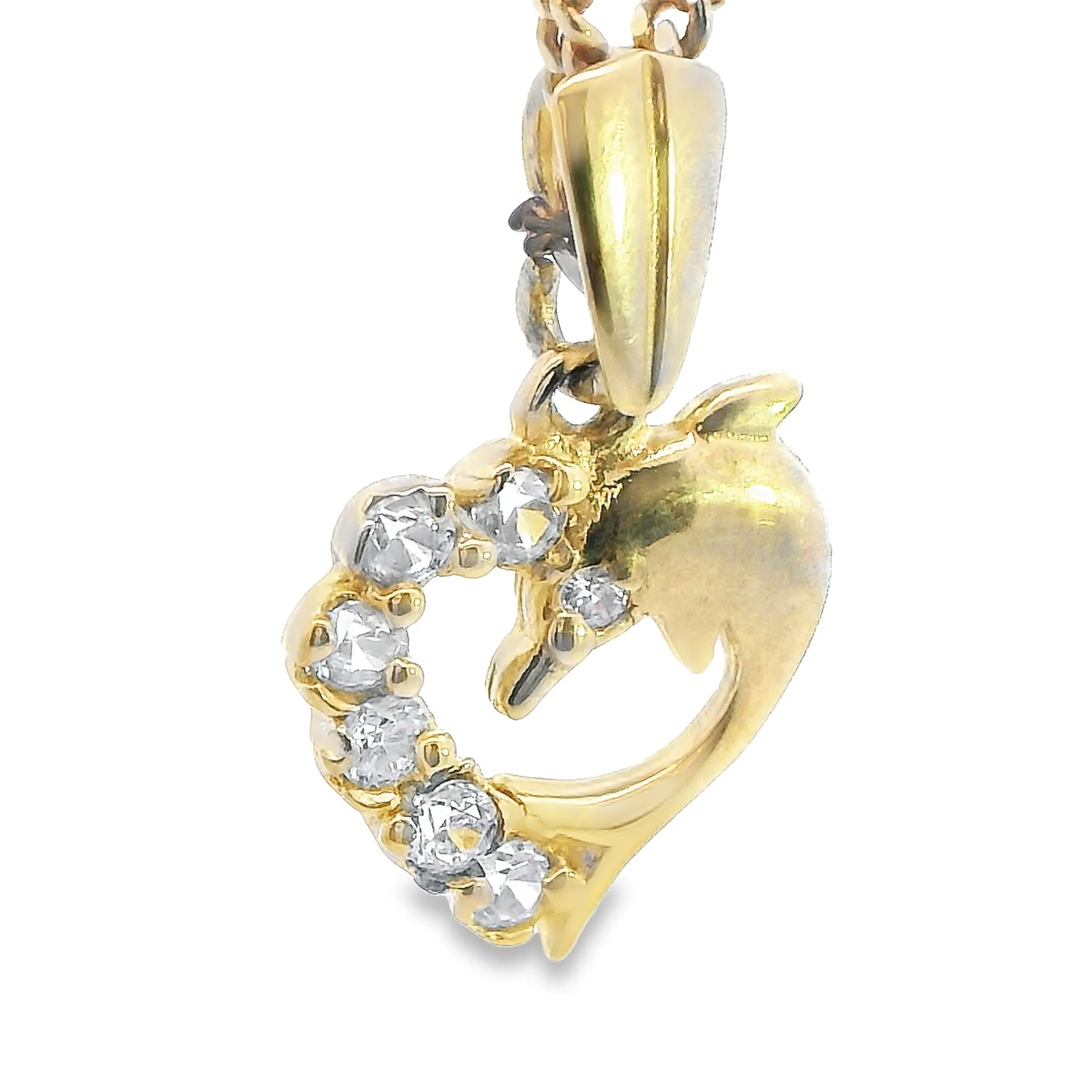 Exquisite 9ct Yellow Gold Heart & Dolphin Pendant with CZ's - Valentine's Day