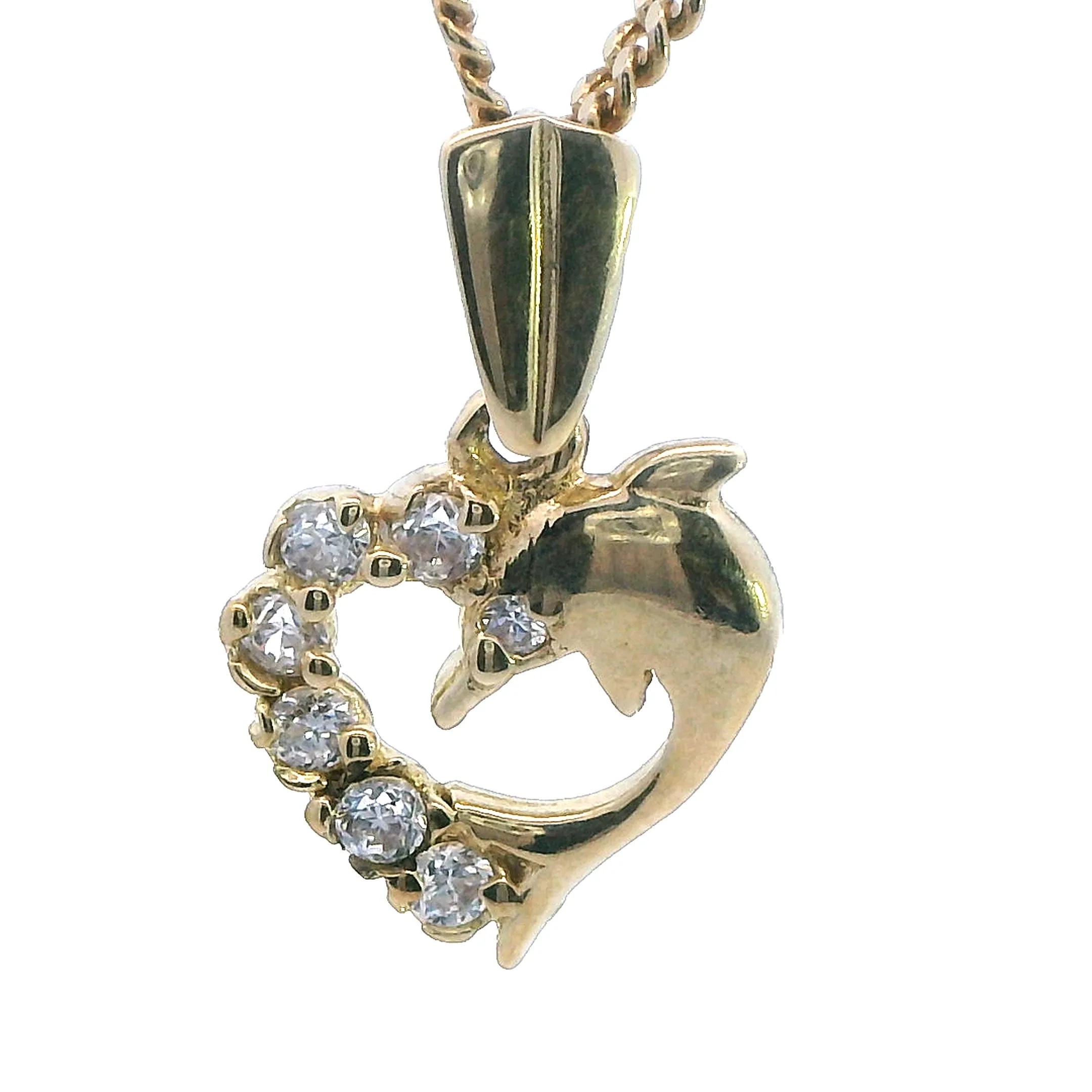 Exquisite 9ct Yellow Gold Heart & Dolphin Pendant with CZ's - Valentine's Day