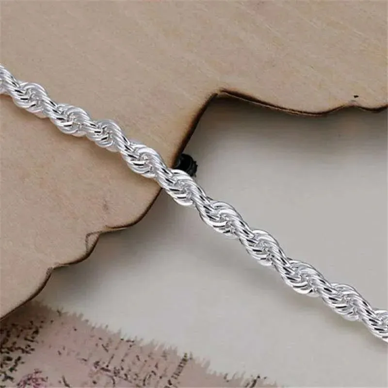 Fashion Silver Jewelry Gift High Quality 925 Silver Color 4MM Women Men Chain Male Twisted Rope Necklace Bracelets