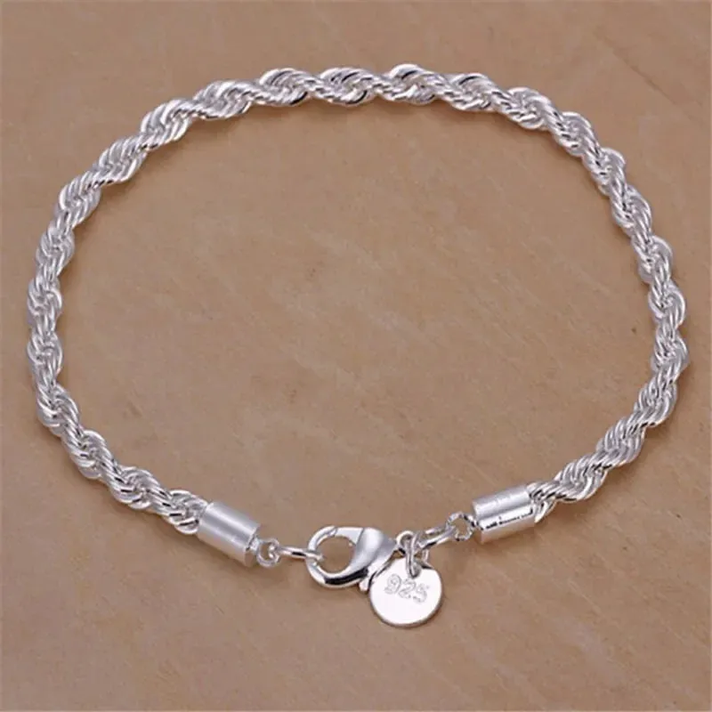 Fashion Silver Jewelry Gift High Quality 925 Silver Color 4MM Women Men Chain Male Twisted Rope Necklace Bracelets