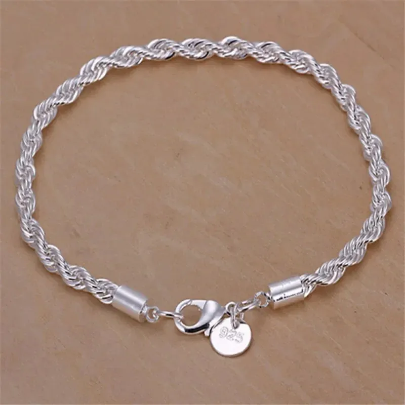 Fashion Silver Jewelry Gift High Quality 925 Silver Color 4MM Women Men Chain Male Twisted Rope Necklace Bracelets