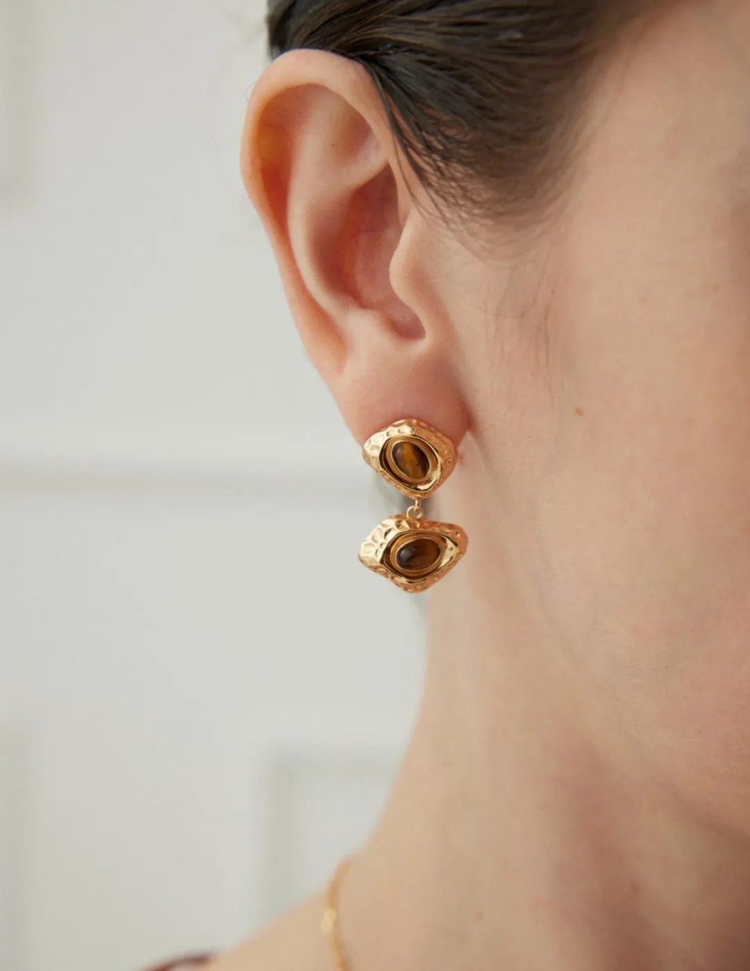 Golden Two Irregular Tigers Eye Stone Earrings