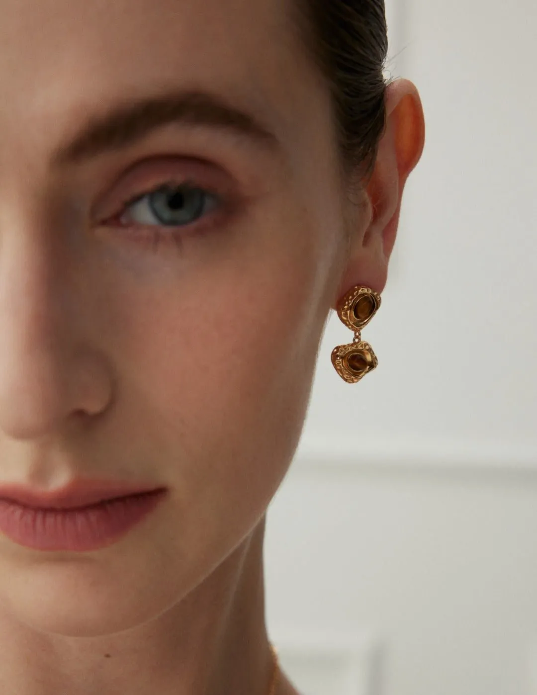 Golden Two Irregular Tigers Eye Stone Earrings