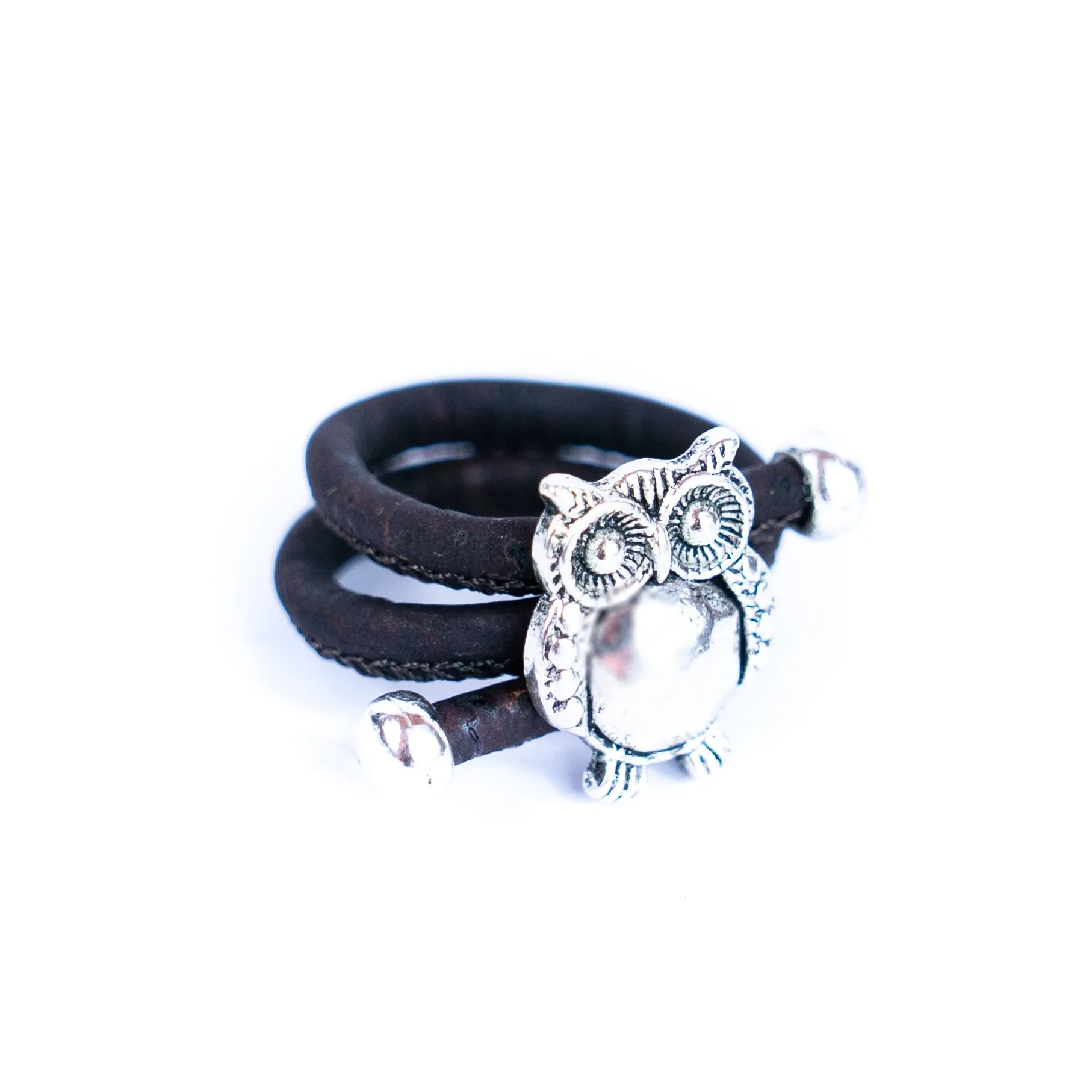 Handcrafted women's fashion ring with natural cork wire and owl alloy hardware! RW-048-AB-10