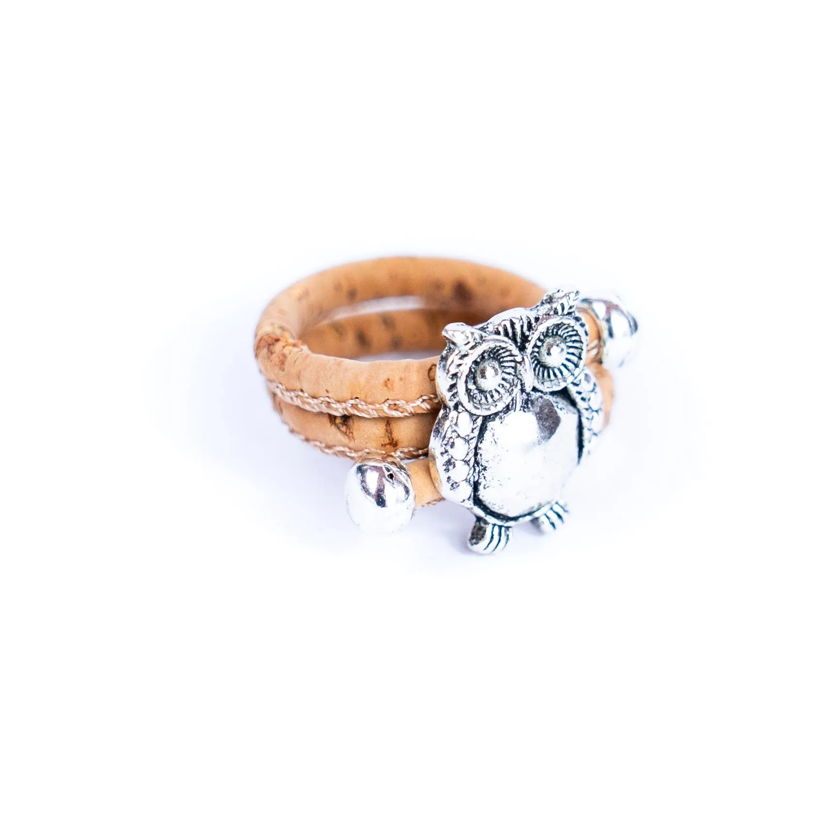 Handcrafted women's fashion ring with natural cork wire and owl alloy hardware! RW-048-AB-10