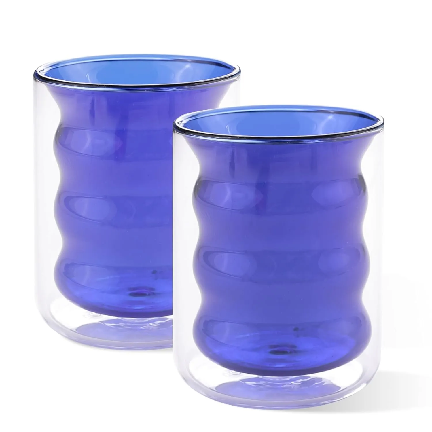 Heart Home 2 Pcs Waved Shape Glasses | Double Walled Borosilicate Glass | High Thermal Resistance | Microwave & Dishwasher Safe | 200 ML | Pack of 1 | Blue