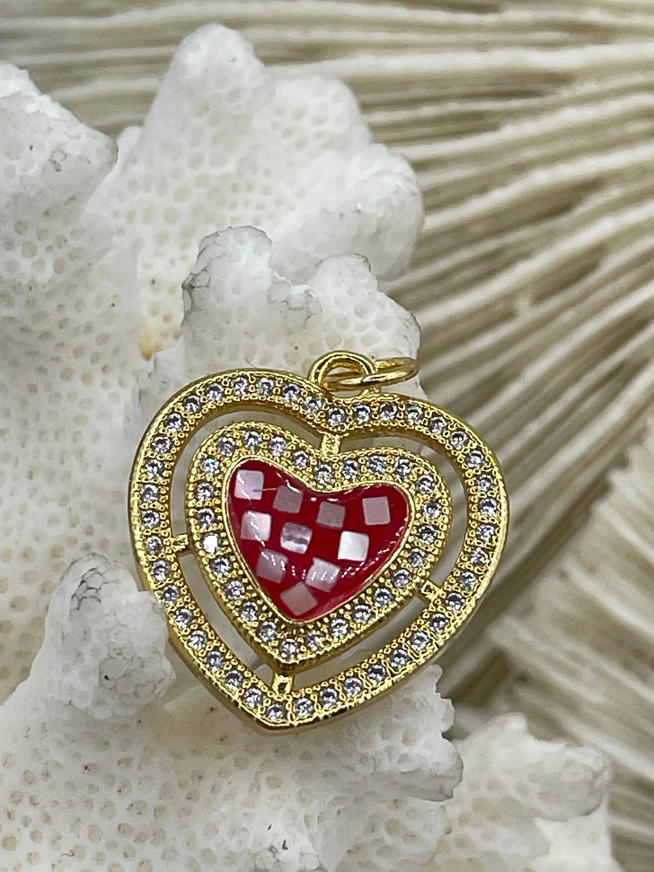 Heart Shaped Enamel and Gold CZ Pendants, Enamel and Gold Plated Brass, Cubic Zirconia, 4 Colors, 19mm Charms. Fast Ship.