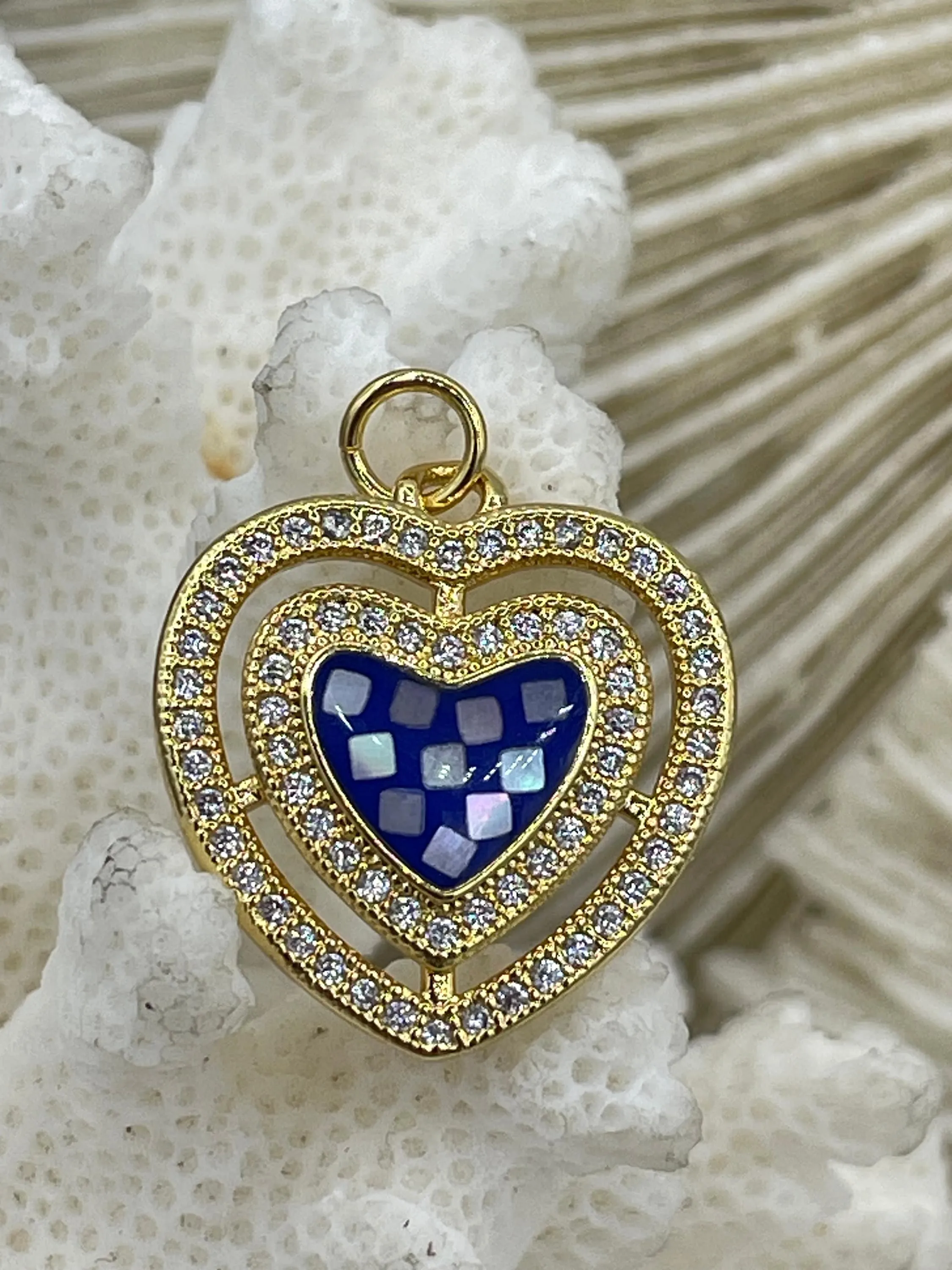 Heart Shaped Enamel and Gold CZ Pendants, Enamel and Gold Plated Brass, Cubic Zirconia, 4 Colors, 19mm Charms. Fast Ship.