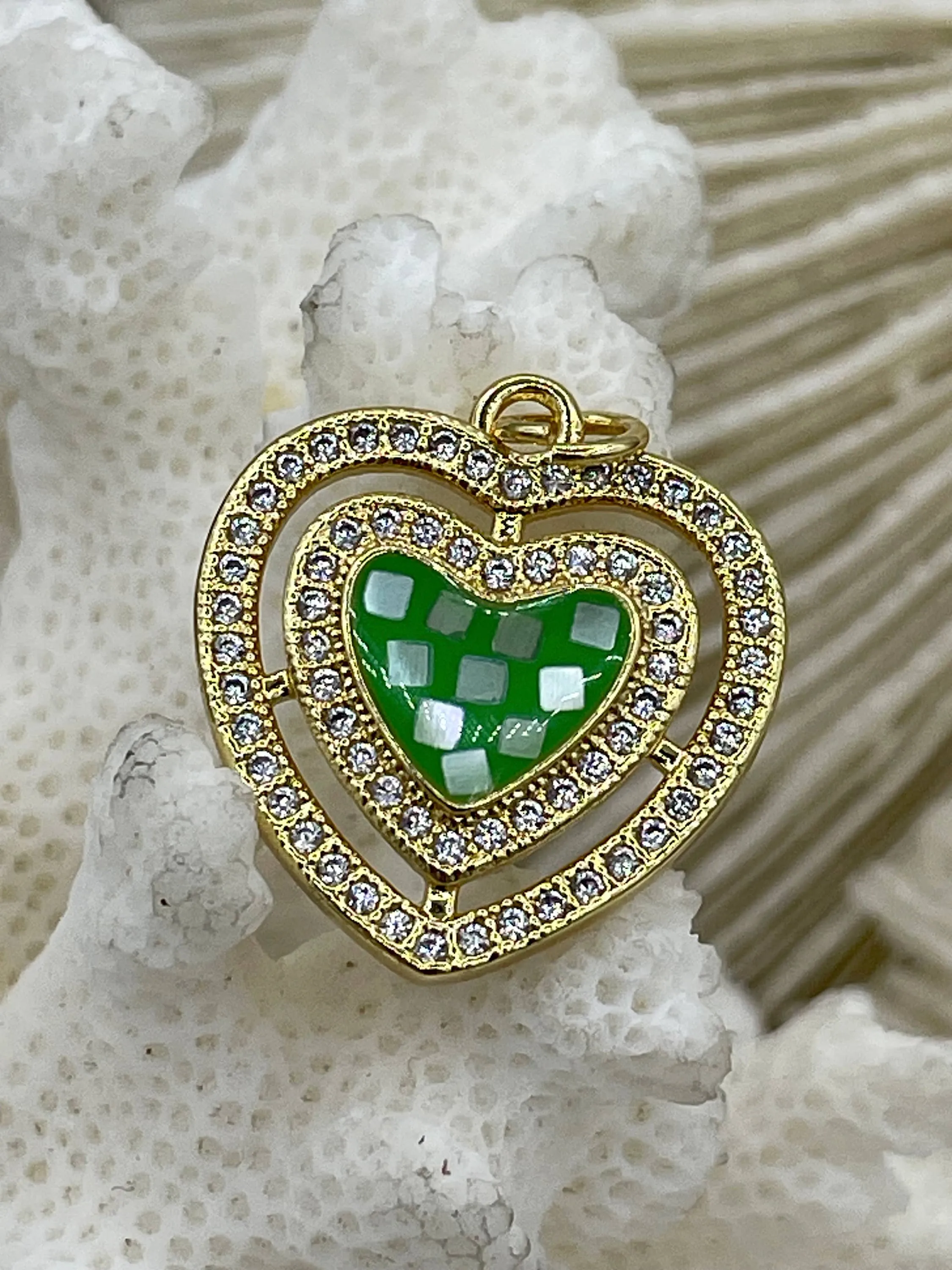 Heart Shaped Enamel and Gold CZ Pendants, Enamel and Gold Plated Brass, Cubic Zirconia, 4 Colors, 19mm Charms. Fast Ship.