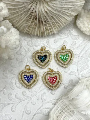 Heart Shaped Enamel and Gold CZ Pendants, Enamel and Gold Plated Brass, Cubic Zirconia, 4 Colors, 19mm Charms. Fast Ship.